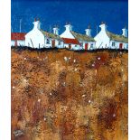 GWYN OWEN acrylic on board - row of white-washed Welsh cottages, signed, 16.5 x 14 ins (42 x 36