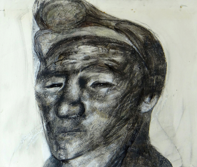 JACK CRABTREE mixed media - head and shoulders anonymous portrait wearing helmet, entitled verso '