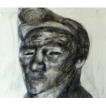 JACK CRABTREE mixed media - head and shoulders anonymous portrait wearing helmet, entitled verso '