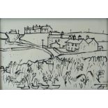 SIR KYFFIN WILLIAMS RA pen and ink drawing - view across field to farm buildings entitled verso '