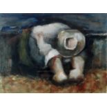 WILL ROBERTS watercolour - farm worker in field entitled 'Farm Worker' with 'Attic Gallery' label,