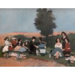 ANDREW VICARI oil on board - seated picnickers in a landscape, entitled on label verso 'Picnic on