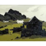 SIR KYFFIN WILLIAMS RA oil on canvas - Snowdonia landscape entitled verso 'Cottages at Deiniolen',