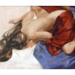 DAVID KNIGHT oil on canvas - reclining nude in red silk sheet, entitled verso 'Blue Red', 11 x 9.