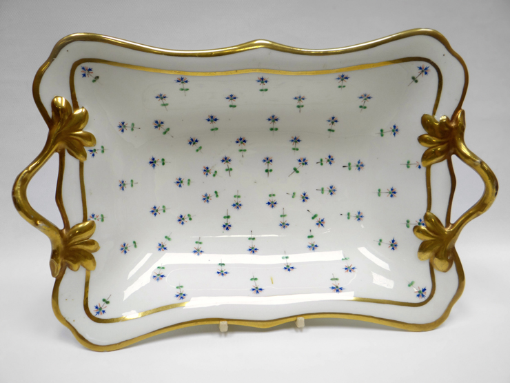 SWANSEA porcelain - rectangular centre dish with shaped sides, indented corners and having twig