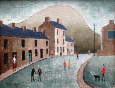 JACK JONES oil on board - a hillside town's street with various standing figures, entitled verso '