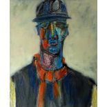 MIKE JONES mixed media - head and shoulders portrait of miner in helmet and scarf, signed, 18 x 15