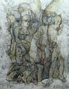 ANNIE GILES HOBBS layered paper and mixed media - semi-abstract with figures, signed, 11 x 9ins (