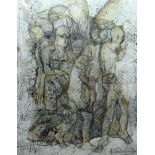 ANNIE GILES HOBBS layered paper and mixed media - semi-abstract with figures, signed, 11 x 9ins (