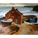 DONALD McINTYRE oil on board - harbour with moored boats, Attic Gallery Swansea label verso with