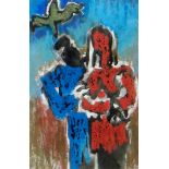 JOSEF HERMAN mixed media - two figures with bird above, signed verso, 8 x 5ins (20 x 12cms)