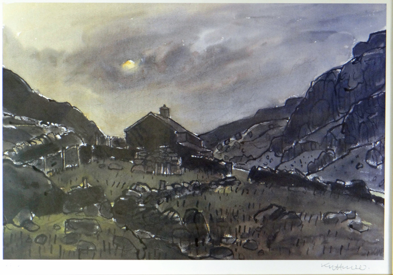 SIR KYFFIN WILLIAMS RA limited edition (88/150) print - farm cottage on mountainside at dusk, signed