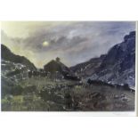 SIR KYFFIN WILLIAMS RA limited edition (88/150) print - farm cottage on mountainside at dusk, signed