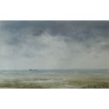 GARETH THOMAS  watercolour- fore-shore with cargo ship in distance, Watercolour Society of Wales