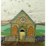 CEFYN BURGESS handmade paper and textile collage - isolated chapel and landscape, signed on mount,