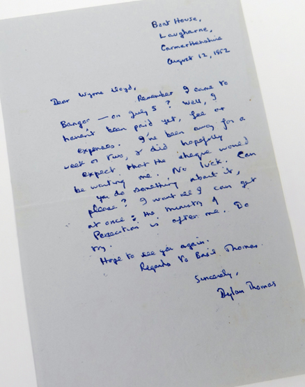 DYLAN THOMAS A handwritten letter by Dylan Thomas on Basildon Bond note-paper, addressed 'Dear Wynne