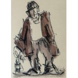 MIKE JONES mixed media - standing miner, entitled verso 'Collier', signed, 11.25 x 8ins (29 x