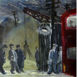 NICK HOLLY mixed media - group of workmen boarding a double decker bus at end of shift, signed and