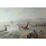 W DEWHURST watercolour - historical view of sail boats and harbour with figures, entitled verso '