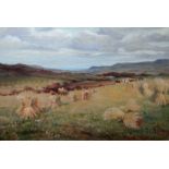 HARRY HUGHES WILLIAMS oil on canvas - expansive Anglesey harvesting scene with figures and distant