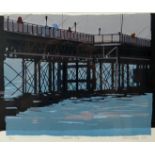 SARAH HOPKINS print - limited edition (8/10) silkscreen print of fishermen on Mumbles Pier, signed