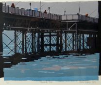 SARAH HOPKINS print - limited edition (8/10) silkscreen print of fishermen on Mumbles Pier, signed