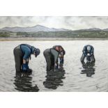 ALAN (EA) WILLIAMS acrylic on board entitled verso 'Mussel Gatherers Menai Straits', 19.5 x 27.5 ins