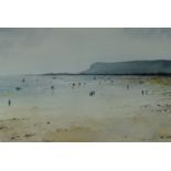 GARETH THOMAS watercolour - figures walking on beach with boats on water, and headland in