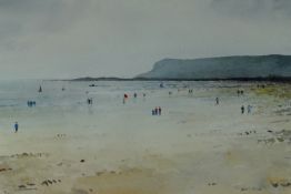 GARETH THOMAS watercolour - figures walking on beach with boats on water, and headland in