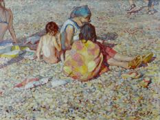 THOMAS RATHMELL oil over acrylic on canvas - figures on a beach, signed and dated verso 1977, 29 x