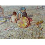 THOMAS RATHMELL oil over acrylic on canvas - figures on a beach, signed and dated verso 1977, 29 x