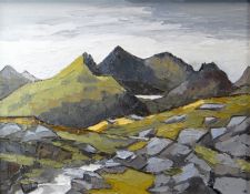 DAVID BARNES oil on canvas laid on board - Snowdonia mountains and lake, entitled verso 'The