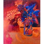 GOMER LEWIS acrylic on canvas - still life of flowers in a vase, unframed, 30 x 25 ins (76 x 64