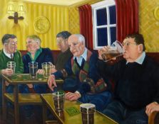 CARL FE HODGSON acrylic on canvas - figures in a tavern, monogrammed and entitled verso 'The
