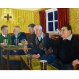 CARL FE HODGSON acrylic on canvas - figures in a tavern, monogrammed and entitled verso 'The