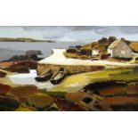 DONALD McINTYRE oil on board - quayside cottage with tethered boats on slipway and view looking