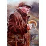 KEITH BOWEN oil on board - shepherd with crook, signed, 21 x 15 ins (53 x 38 cms)