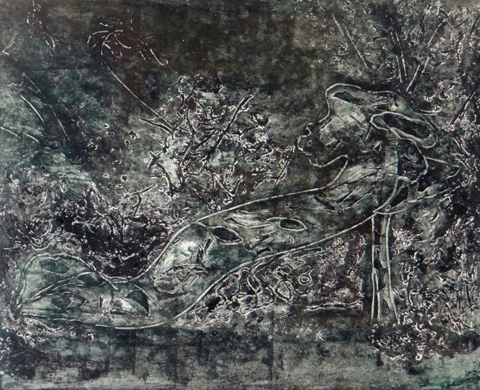 CYNTHIA MORRIS collagraph artist's proof (1/97) entitled 'Cosmeston Monster III', signed, 15 x 17.