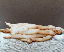 EVELYN WILLIAMS oil on canvas - naked figures of a man and woman horizontal in bed, 'head-to-toe',