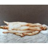 EVELYN WILLIAMS oil on canvas - naked figures of a man and woman horizontal in bed, 'head-to-toe',