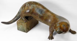 ADRIAN SORRELL patinated bronze sculpture of an enquiring otter, back feet upon block plinth,