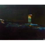 DEWI TUDUR mixed media - dark stormy seascape, entitled verso with Martin Tinney Gallery label '