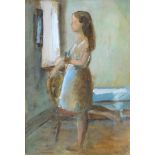 JAMES HENRY GOVIER watercolour - standing lady in bedroom, signed, 8.5 x 6ins (22 x 15cms)