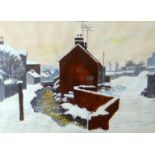 ANEURIN M JONES oil on paper - village with stream running through, and covered in snow, entitled