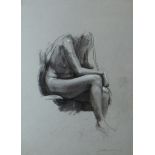 HARRY HOLLAND pencil sketch of a seated female leaning forward, signed, 13.75 x 10 ins (35 x 25