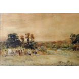 DAVID COX JNR watercolour - rural landscape with figures on a horse and a farmstead, signed, 7.25
