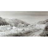 ALUN DAVIES watercolour - road leading down to harbour front entitled verso 'Pentref Porthgain' or