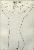 HARRY HOLLAND etching of a naked female standing with hands on head from behind, signed, 6.5 x 4.5