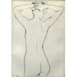 HARRY HOLLAND etching of a naked female standing with hands on head from behind, signed, 6.5 x 4.5