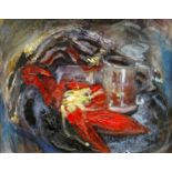 DAN LLYWELYN HALL oil on canvas - still life entitled verso 'Two Jugs Wrapped in Cloth', signed